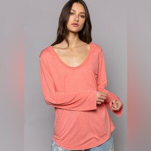 POL Lightweight Slub-Knit Long-Sleeve - Coral